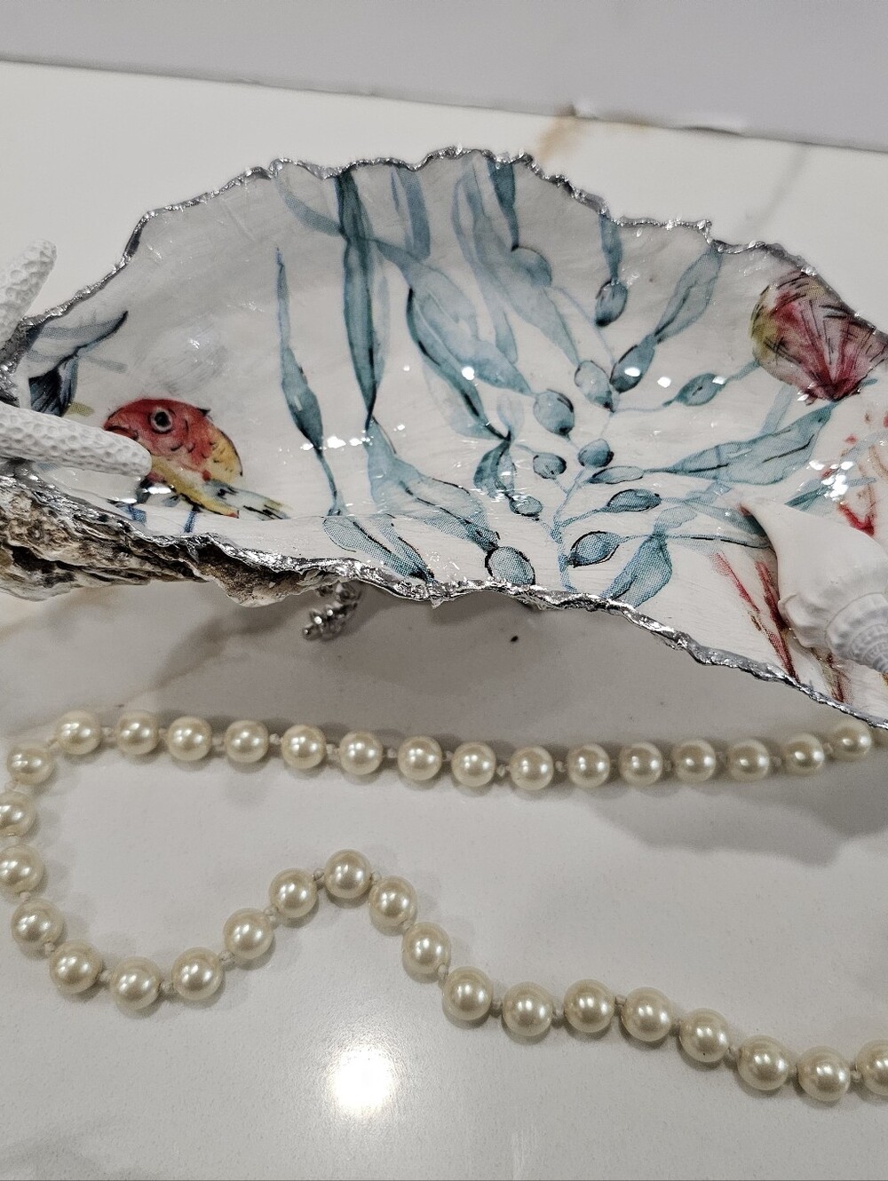Decoupaged Handmade Oyster Shell Sea Print Trinket Dish Starfish & Conch Accent